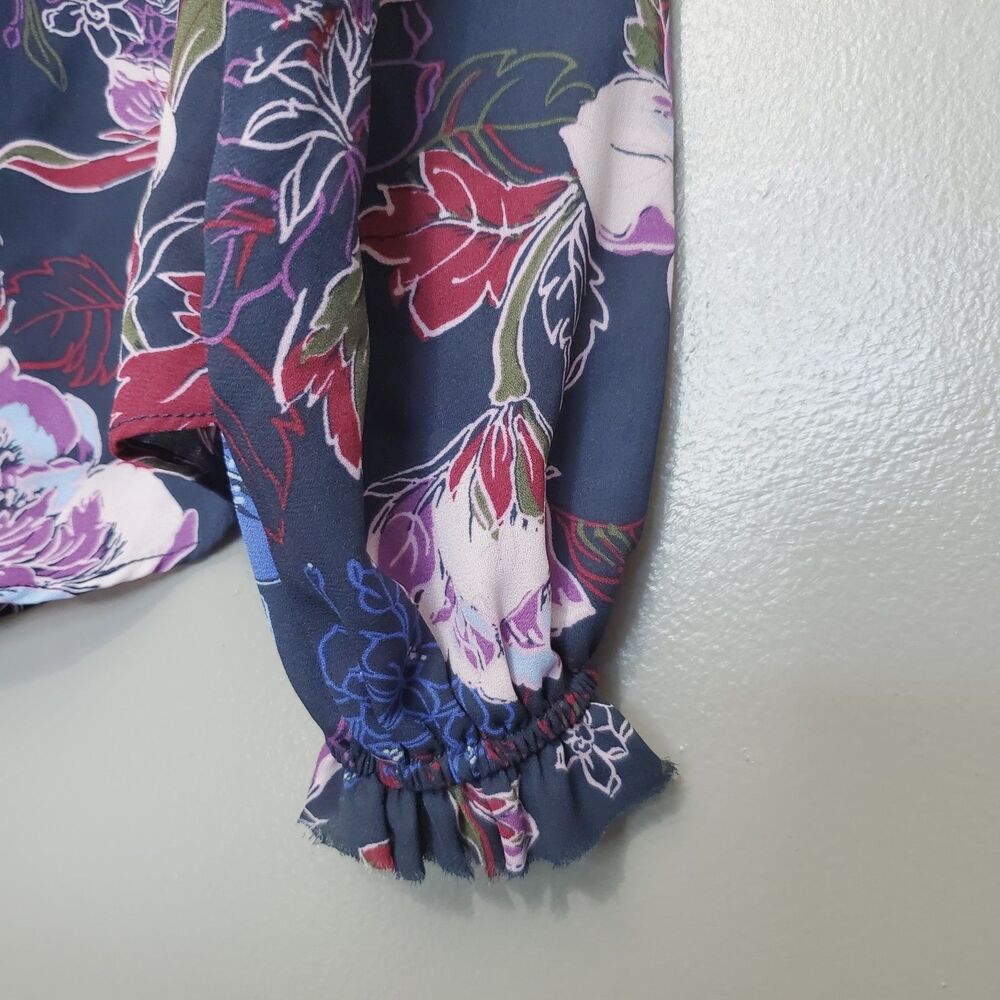 Joe Fresh Blouse Womens Size XS Blue Floral Sheer Tie Neck Sheer Top Pullover - Picture 7 of 9